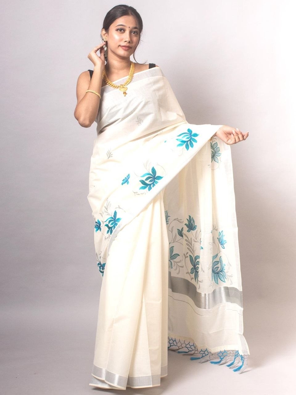 Kerala Silver Cotton Saree with Teal Floral Block Print